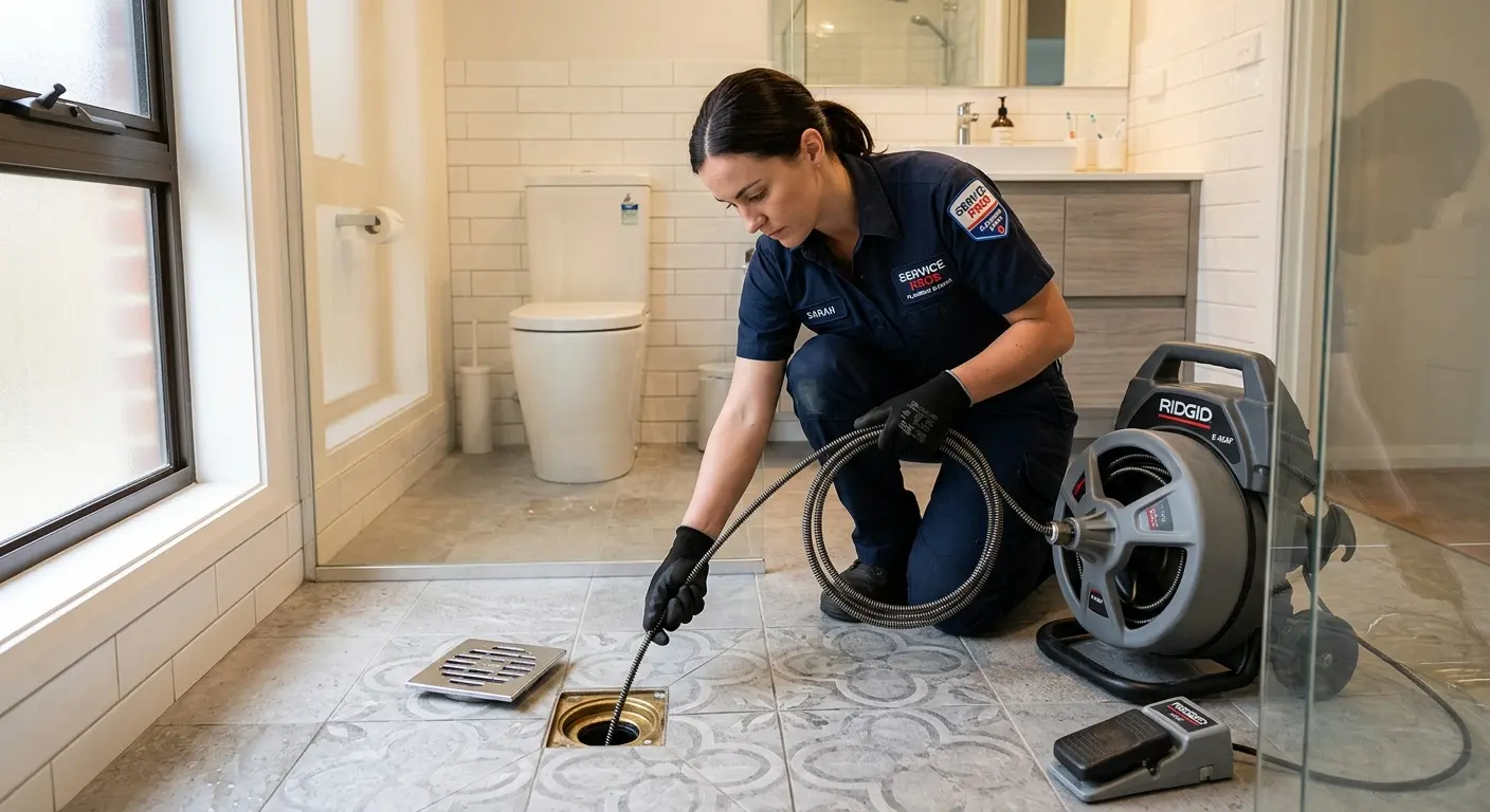 Technician clearing a bathroom floor drain for Sewer Line Replacement in Lake in the Hills